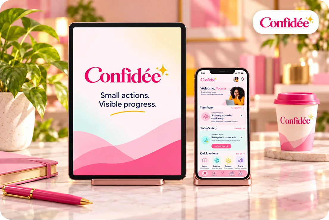 Confidée on a tablet and a phone, with the line “Small actions. Visible progress.”